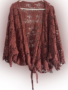 Crochet Tie-Front Cardigan in Rust Brown